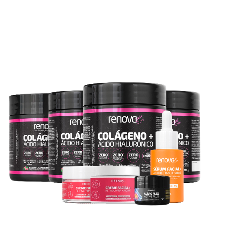 4 Colágeno Verisol® + 2 Creme Facial + 1 Retinol + 1 Balm de dores